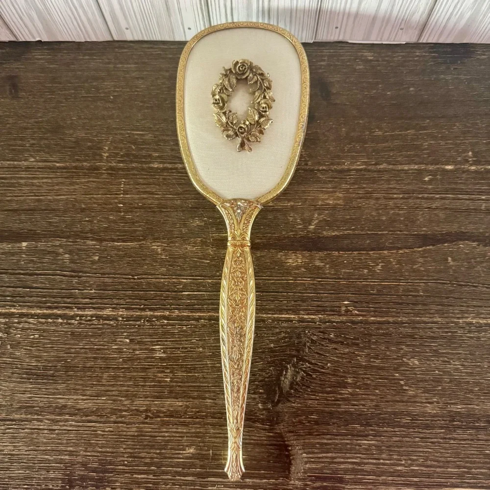 Vintage Gold Floral Hairbrush Rose Wreath Filigree Hollywood Regency Vanity MCM